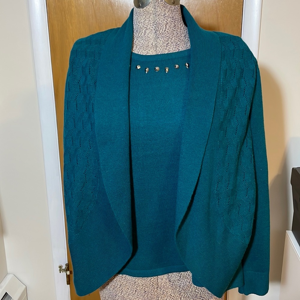 Sag Harbor Womens Petite Large LP Dark Teal Attached Cardigan Knit Sweater